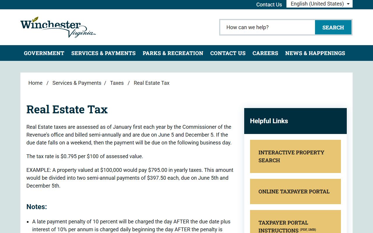 winchester virginia property records real estate tax rate assessment page