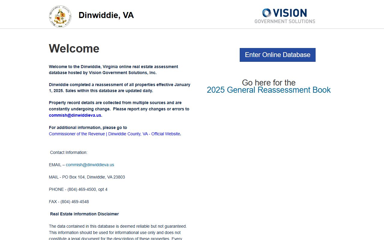 dinwiddie county property records vision government solutions assessment database