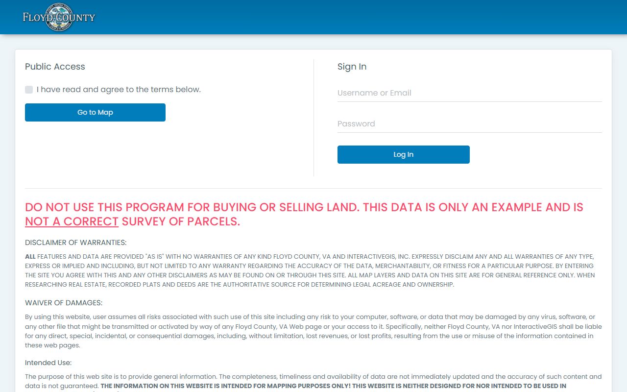 floyd county property records interactive GIS login portal with disclaimer