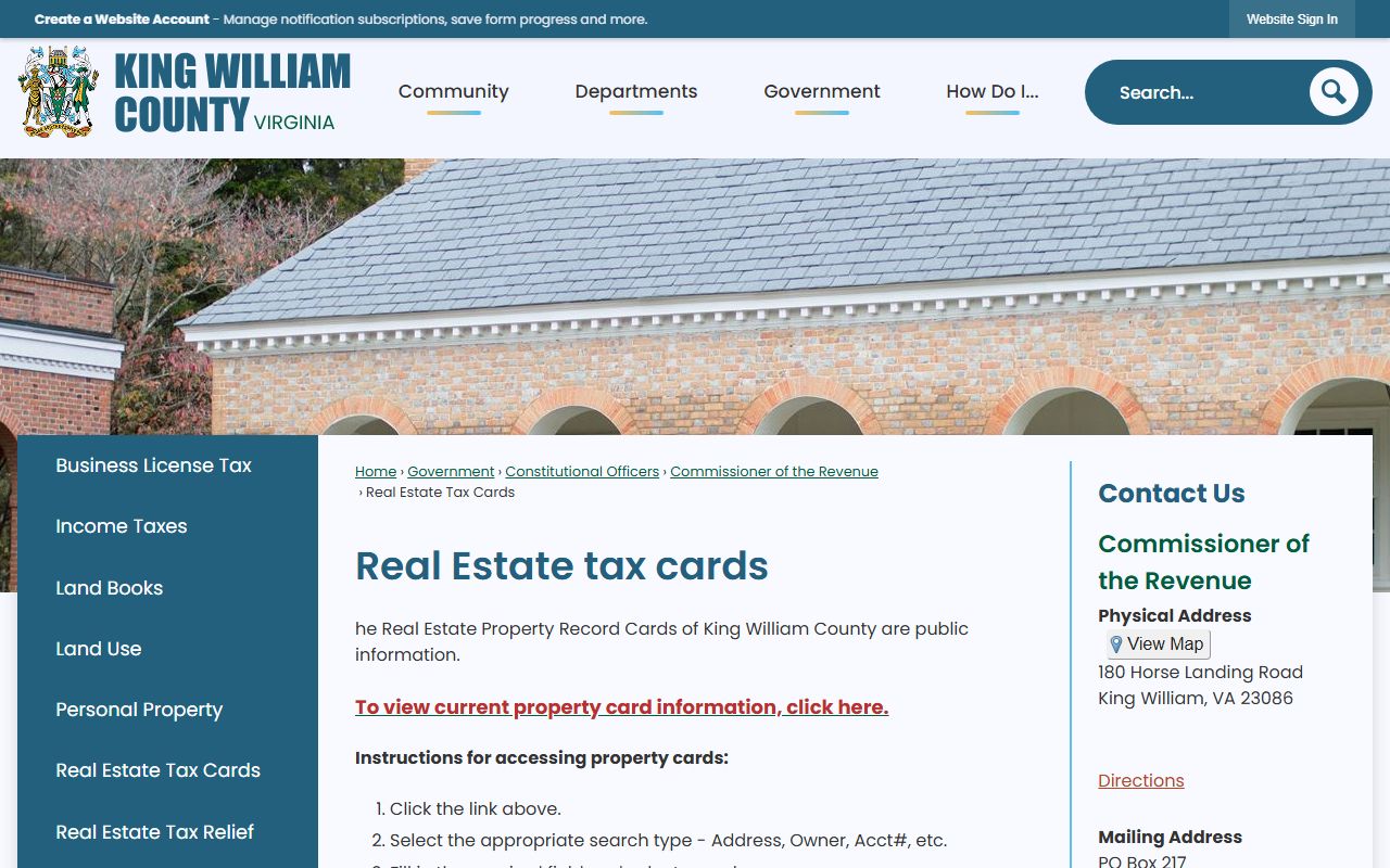 king william county real estate tax cards property records
