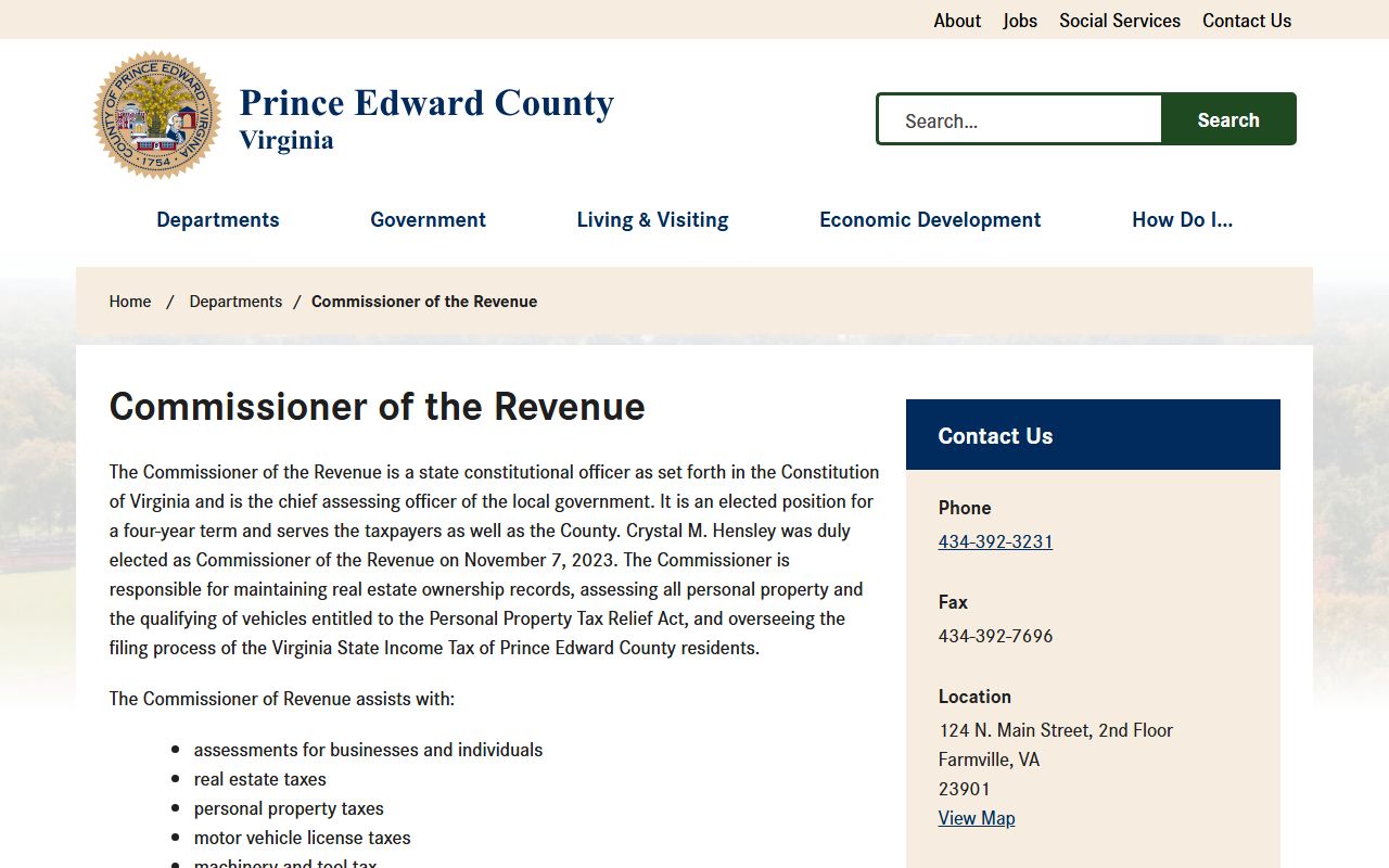 prince edward county commissioner of revenue office contact and services property records