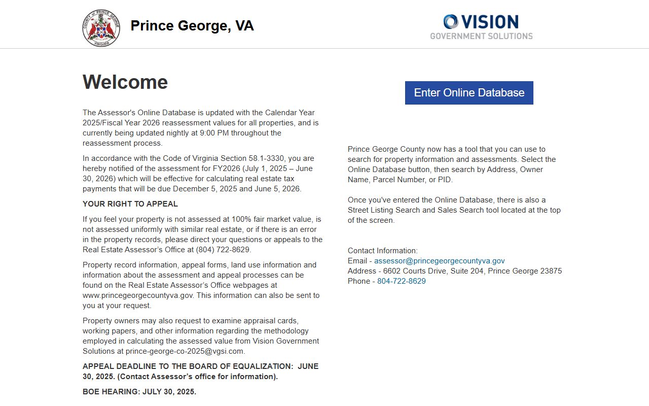 prince george county assessor online database fy2026 values appeal deadlines property records