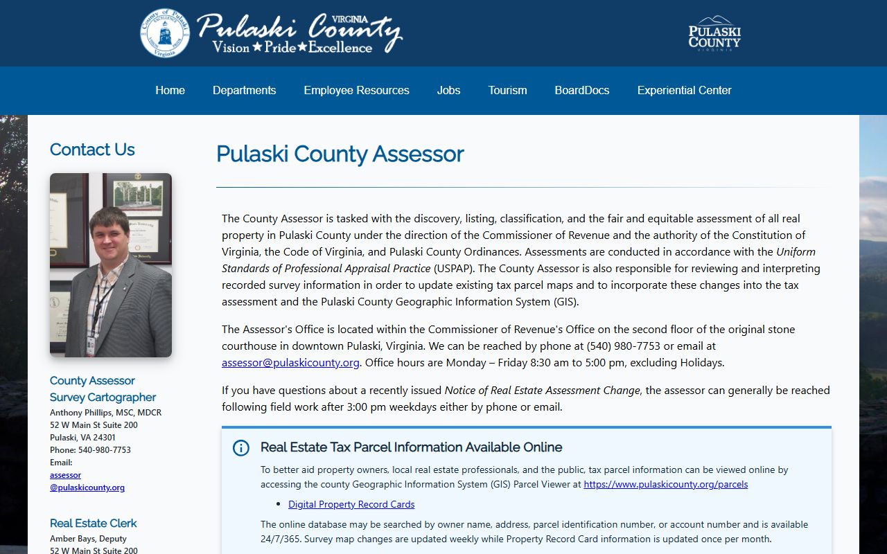 pulaski county assessor page with faq and forms property records