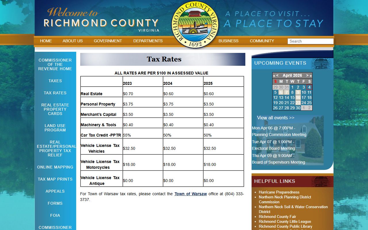 richmond county tax rates page showing real estate personal property and other local tax rates property records