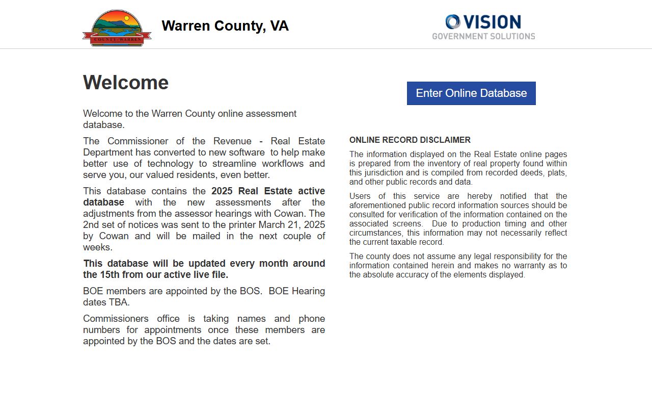 warren county property records online VGSI database search