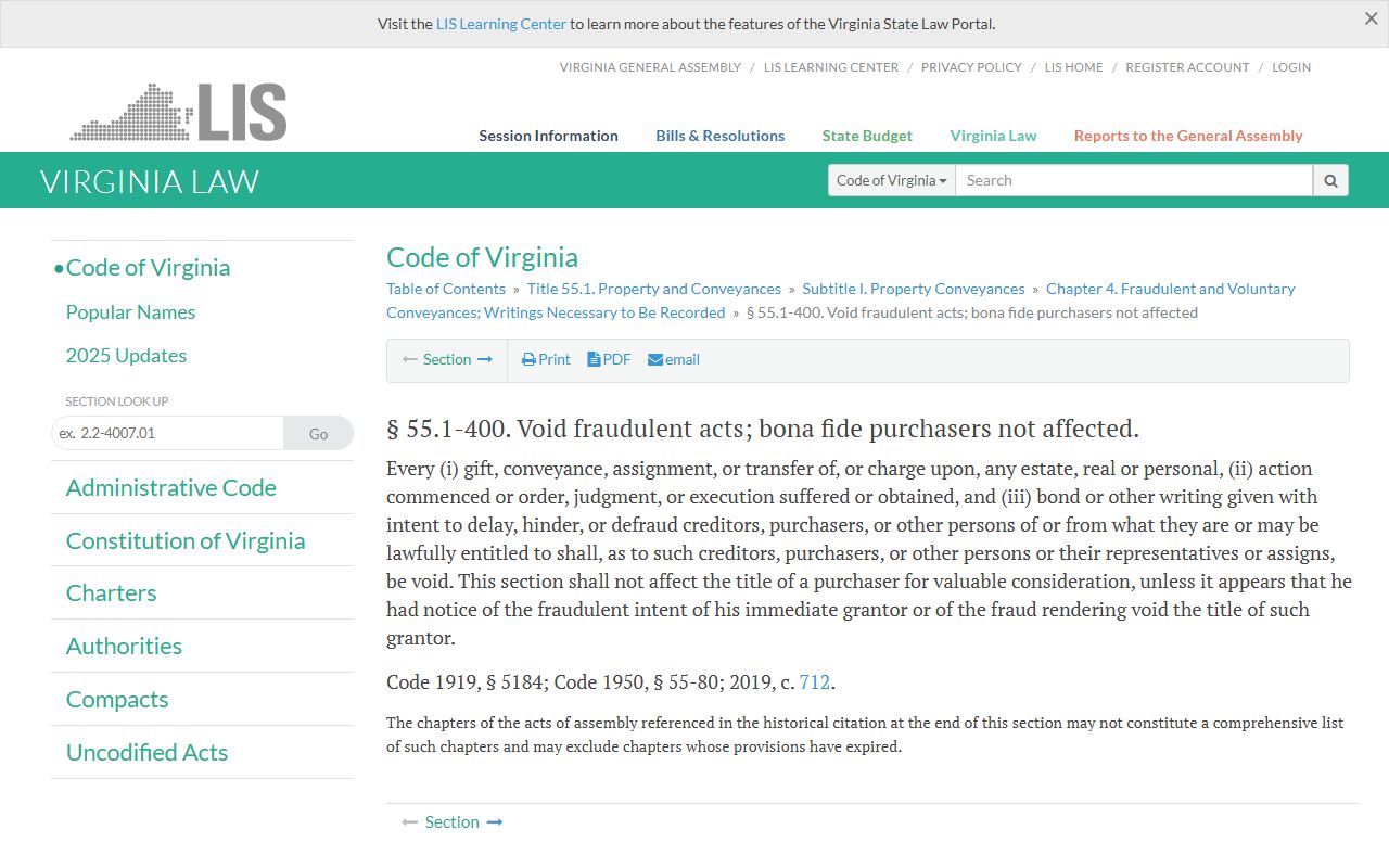 Virginia Code section 55.1-400 void fraudulent conveyances protecting property purchasers