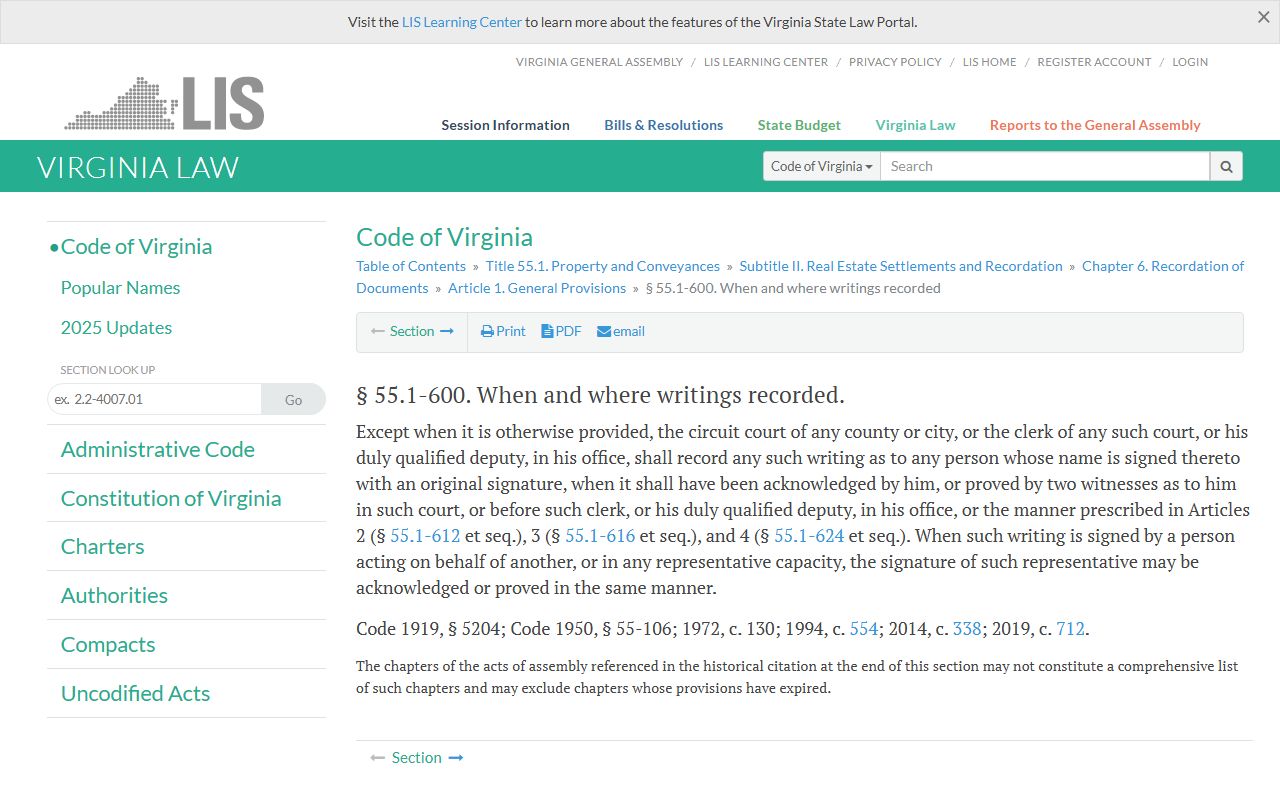 Virginia Code section 55.1-600 when and where property writings must be recorded