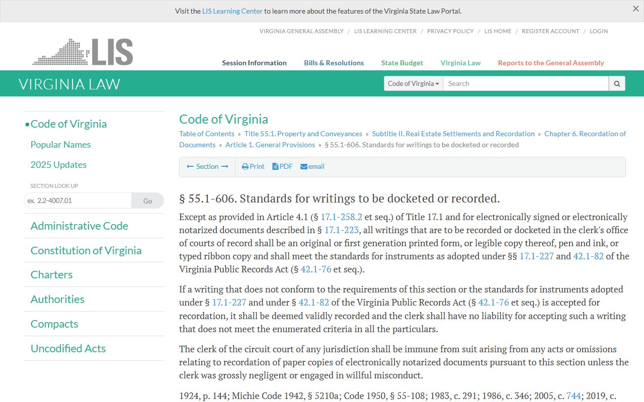 Virginia Code section 55.1-606 format standards for property documents submitted for recording