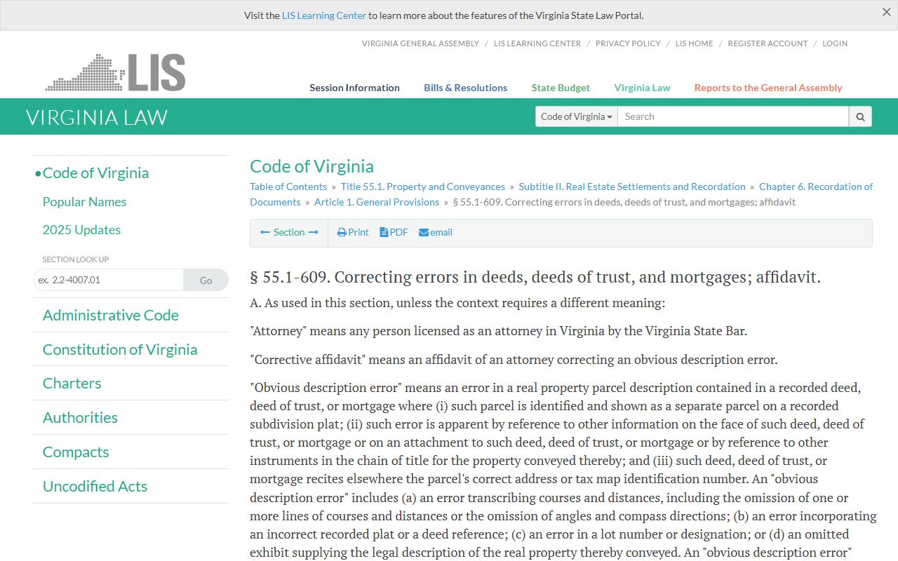 Virginia Code section 55.1-609 correcting errors in recorded deeds and property documents