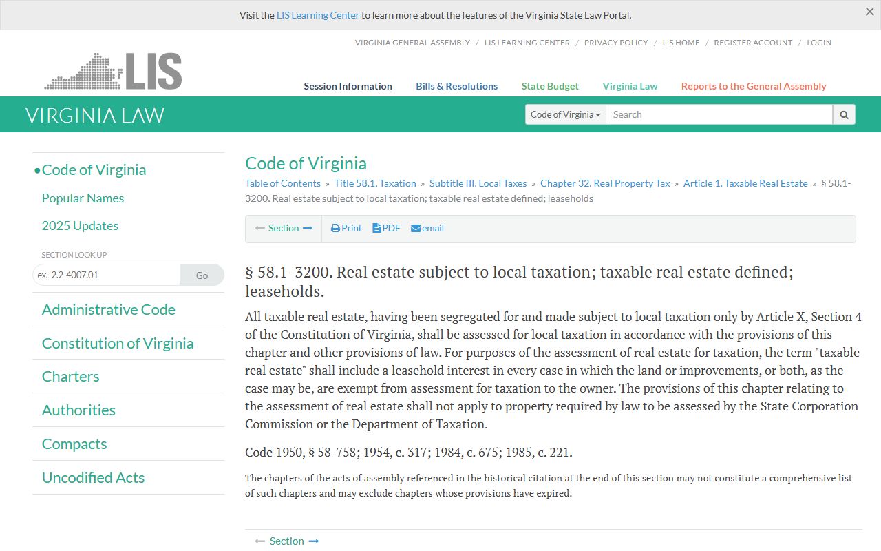 Virginia Code section 58.1-3200 real estate subject to local taxation statute