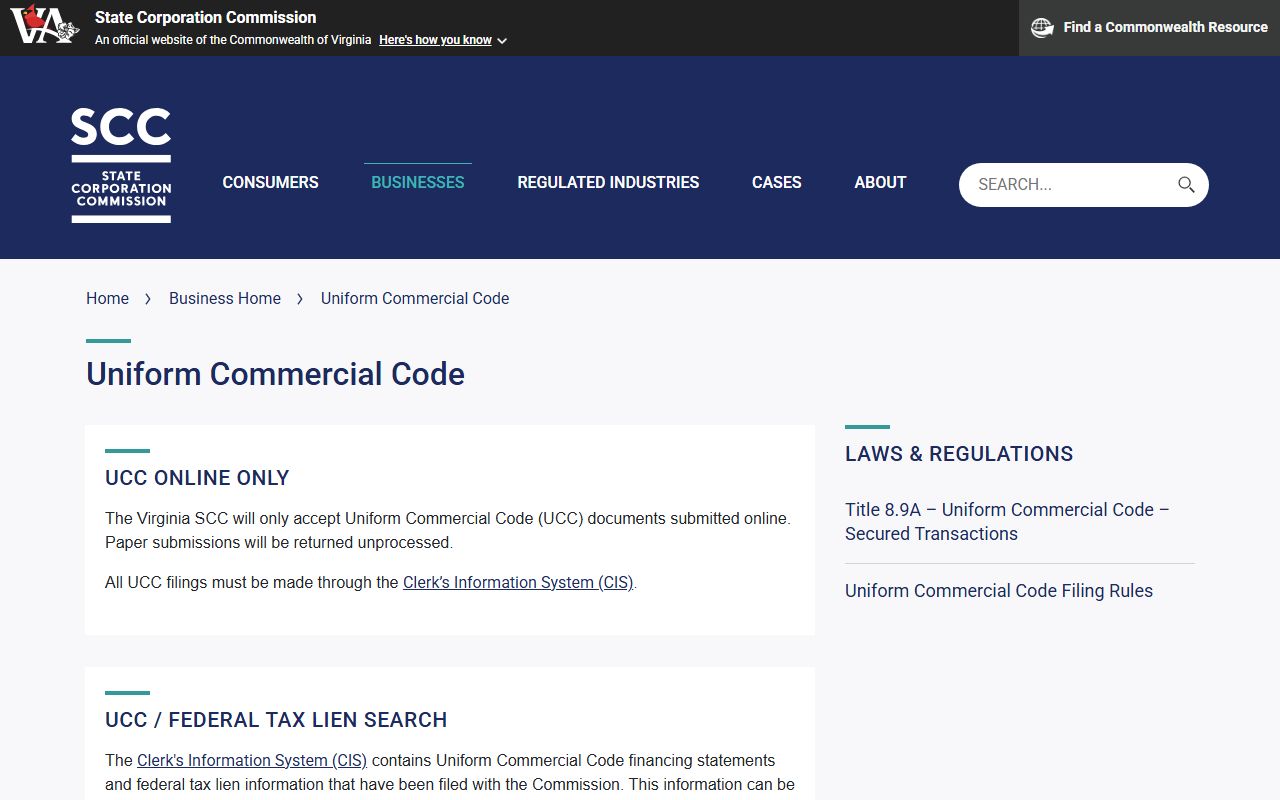 Virginia State Corporation Commission UCC filing portal for personal property security interests
