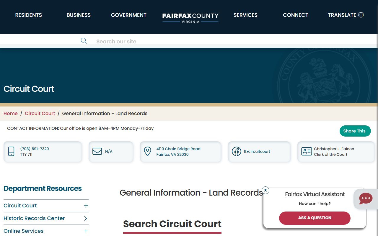 Fairfax Circuit Court land records general information page for Virginia property record copies