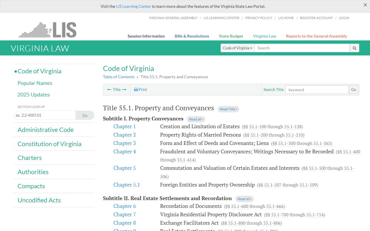 Virginia Code Title 55.1 Property and Conveyances master statute for all land records