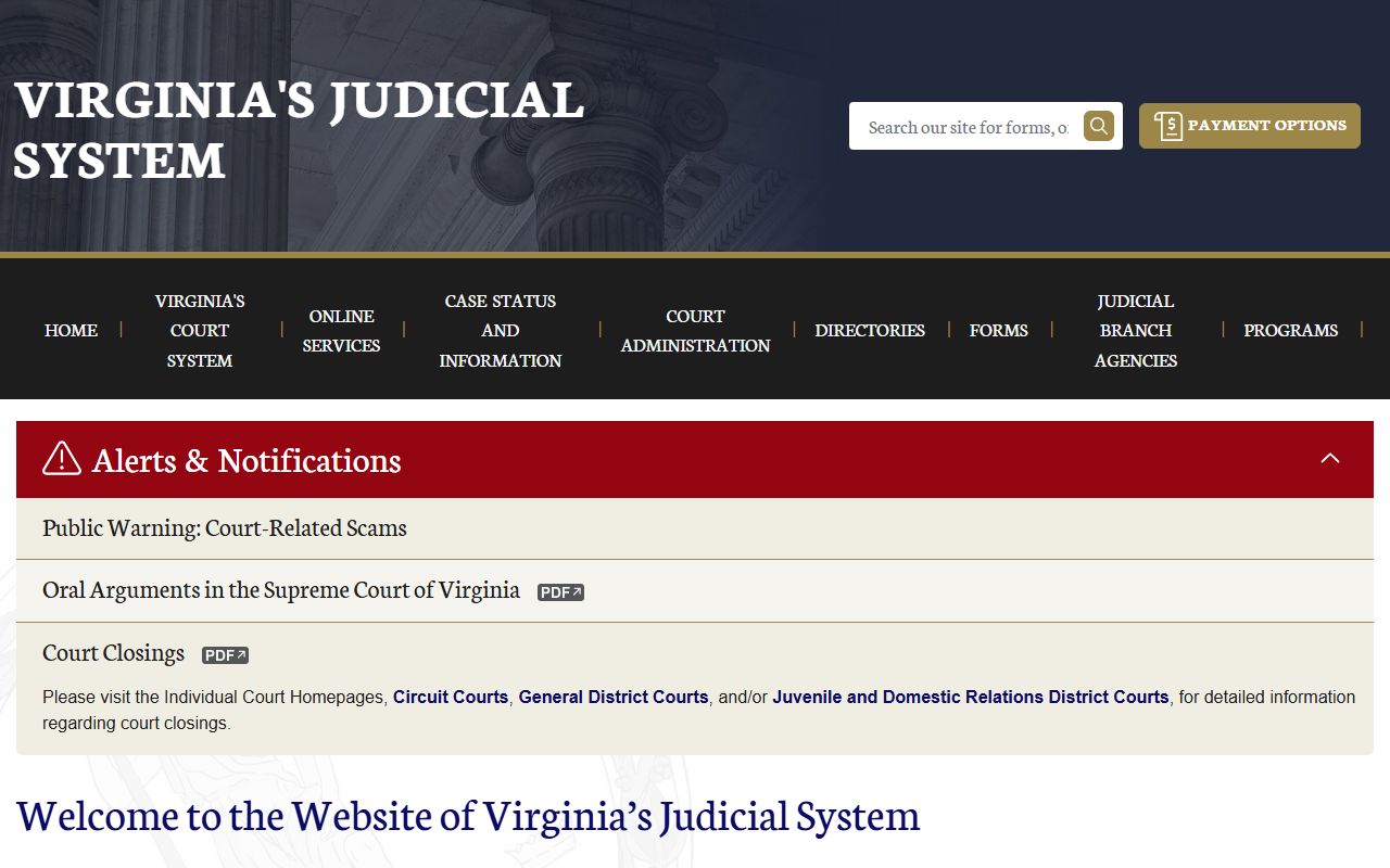 Virginia courts website homepage for finding circuit court property records clerks