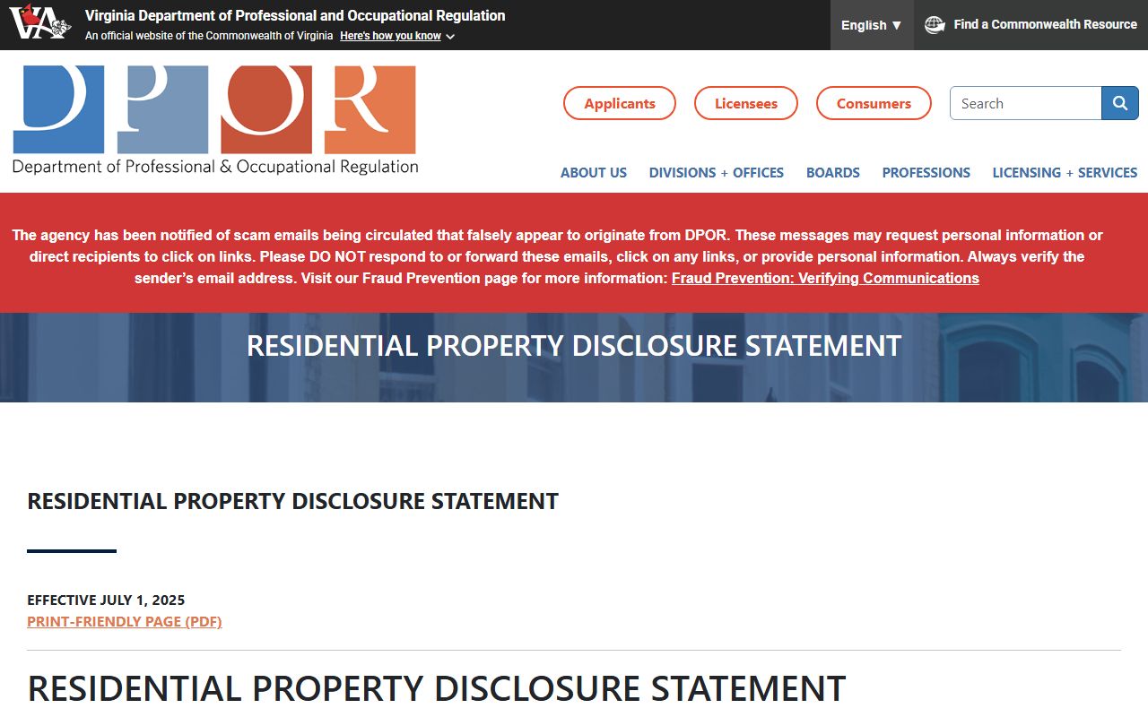 Virginia DPOR residential property disclosure requirements for real estate sales