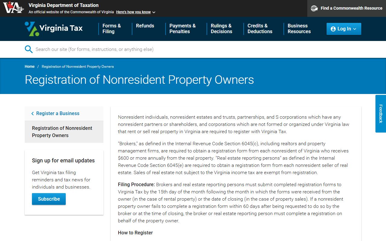 Virginia Department of Taxation nonresident property owner registration requirements page