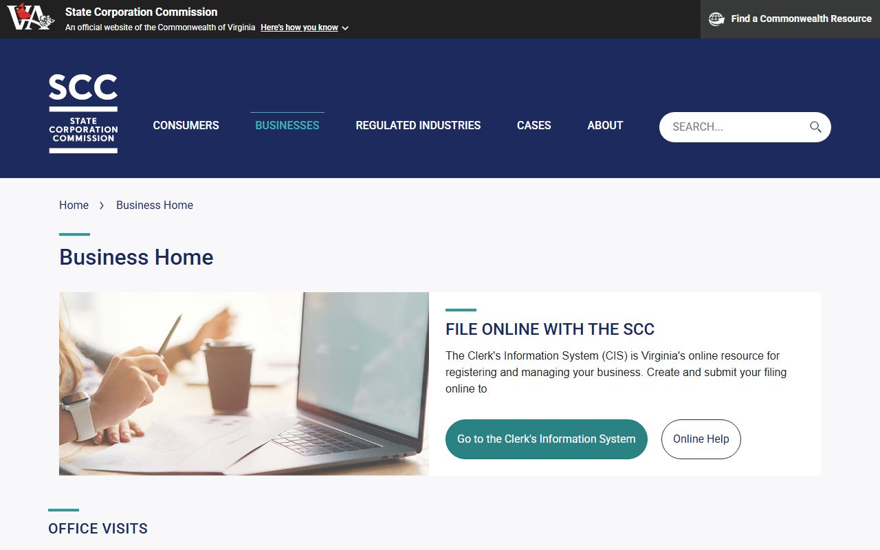 Virginia SCC Clerk's Office business services and contact information page