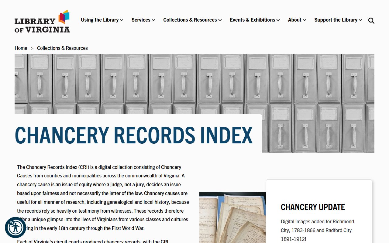 Library of Virginia Chancery Records Index for historic Virginia land and property research